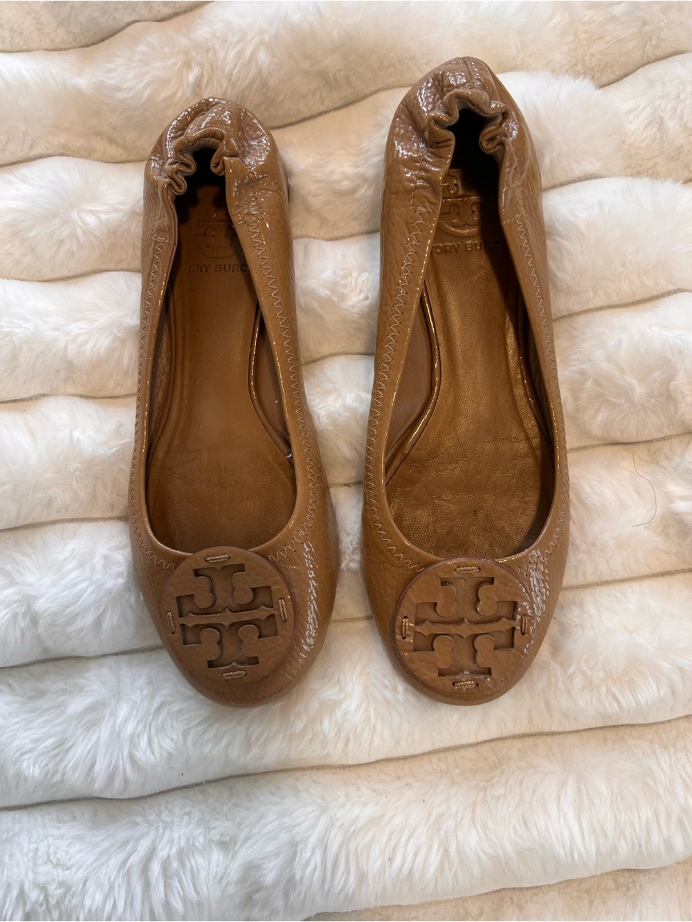 Tory Burch Cognac Leather Logo Ballet Flats